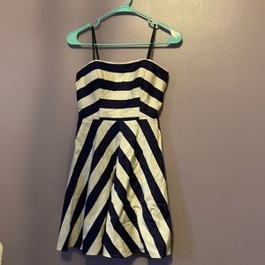 white and navy blue striped strapless mini dress